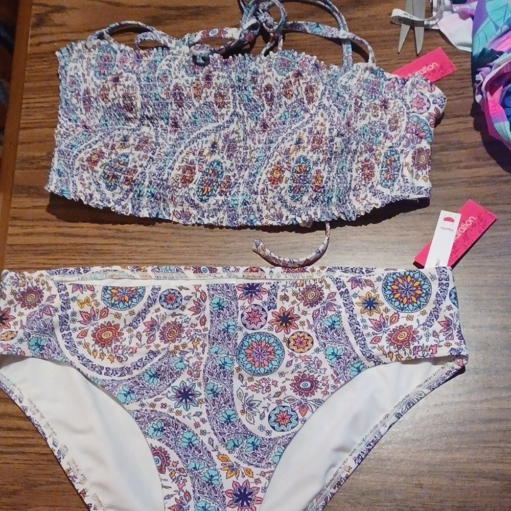 NWT Smocked String Bikini Top & Bottom-Xhilaration Blue Paisley Print